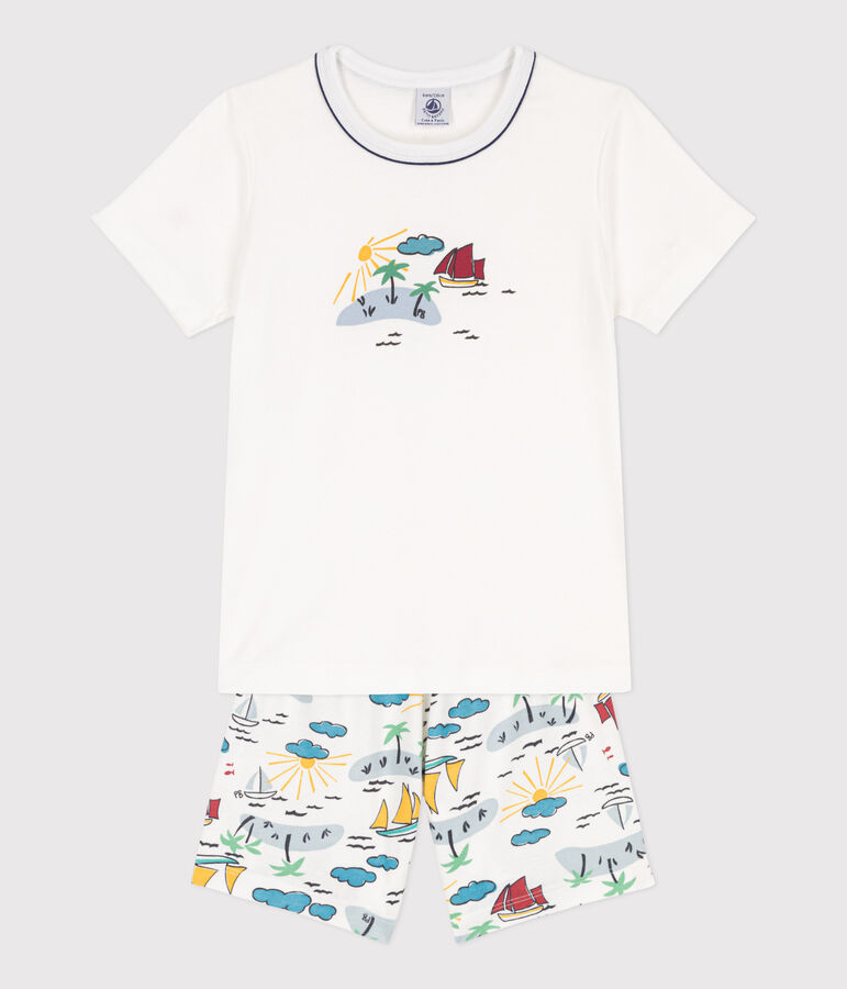 Pigiama corto esploratore in cotone bambino unisex bianco MARSHMALLOW/bianco MULTICO