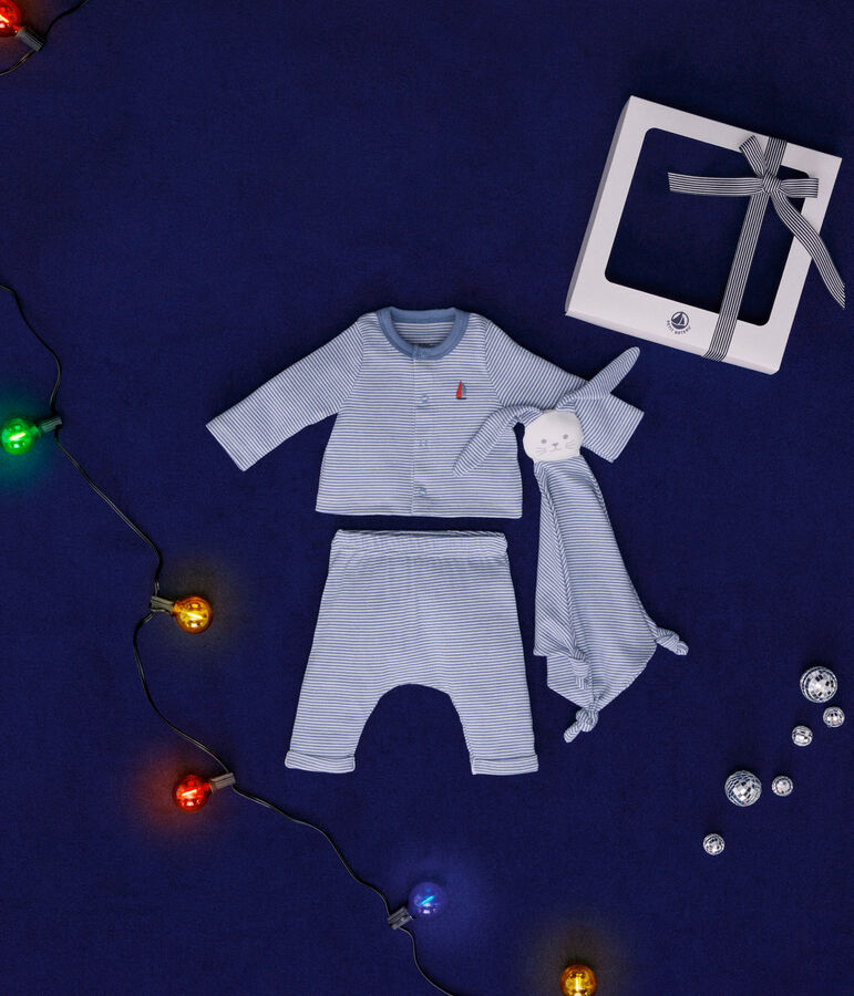 Set 3 pezzi in cotone neonato blu/bianco