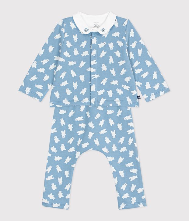 Set 3 pezzi con orso stampato e body con colletto ricamato neonato blu/multicolore