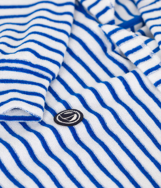 Felpa con cappuccio bambino unisex in spugna di cotone a righe blu MARSHMALLOW/ PORCELANA
