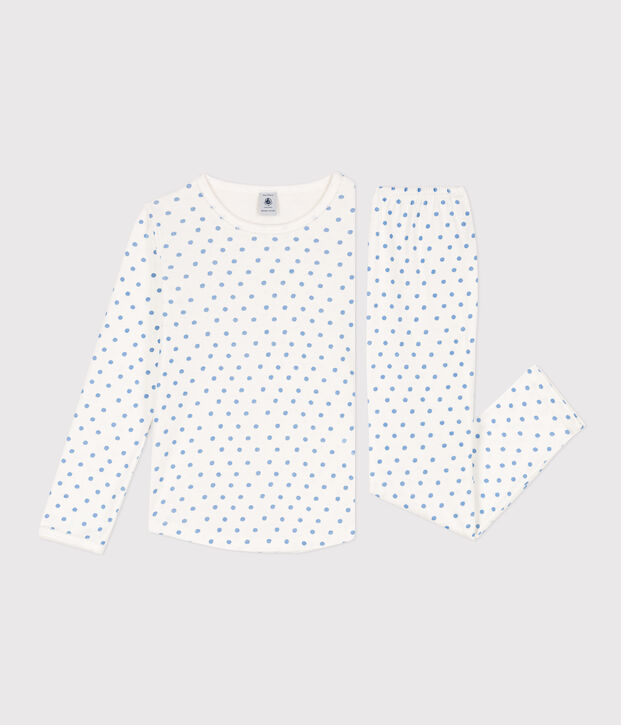 Pigiama bambina in cotone a pois bianco/blu