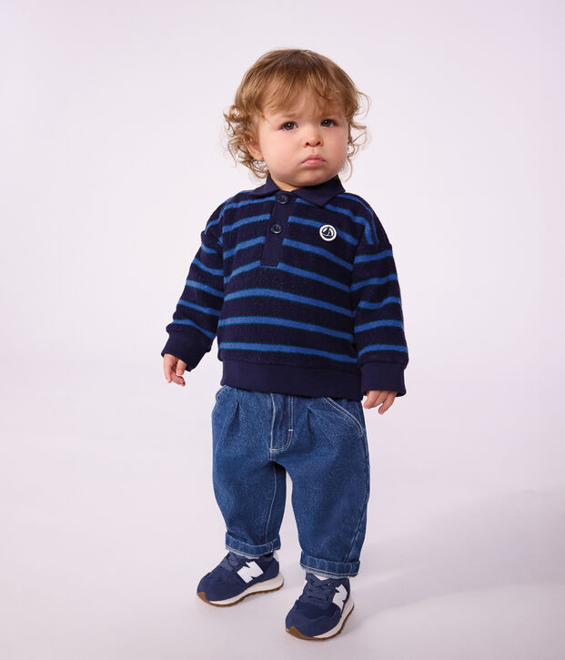 Felpa in cotone a righe con colletto tipo polo neonato blu/multicolore