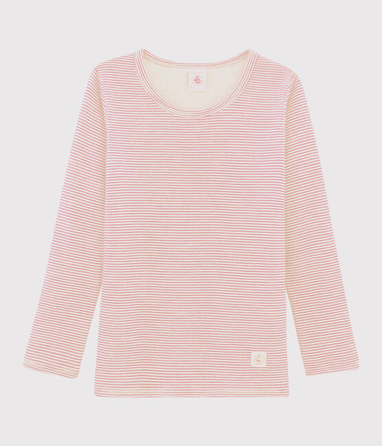 T-shirt a maniche lunghe millerighe in lana e cotone rosa CHARME/bianco MARSHMALLOW