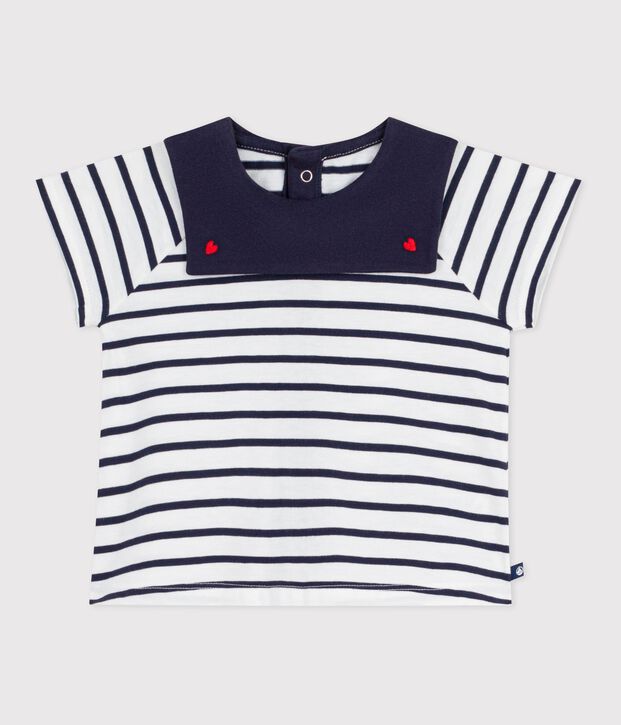 Blusa in cotone a righe marini&egrave;re con colletto ricamato neonata bianco/blu
