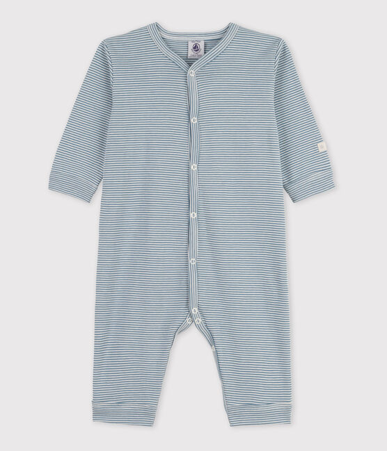 Tutina pigiama senza piedi bebè in cotone millerighe blu ROVER/bianco MARSHMALLOW