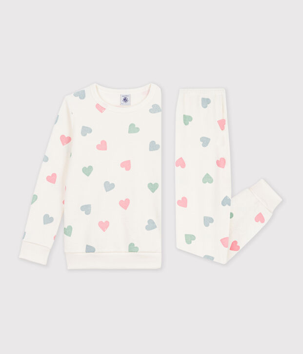 Pigiama in spugna di cotone a cuori bambina ecru/multicolore