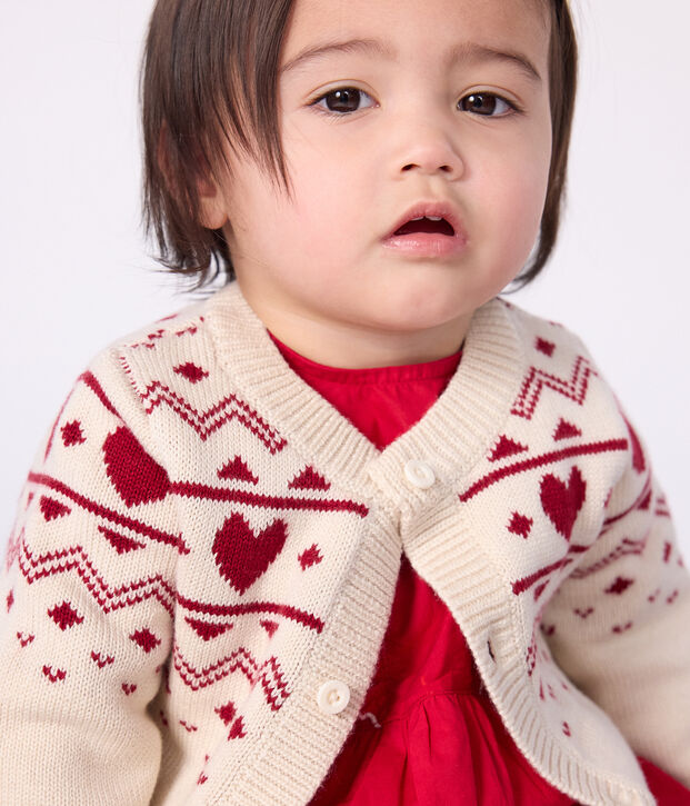 Cardigan in maglia di misto lana e cotone con motivo a cuori neonata ecru/rosso