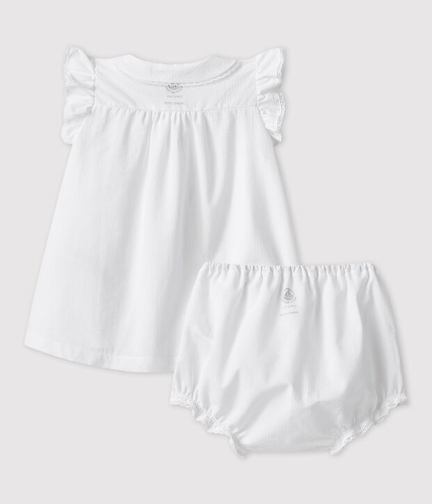 Abito bianco manica corta con bloomer beb&egrave; femmina in popeline di cotone biologico bianco