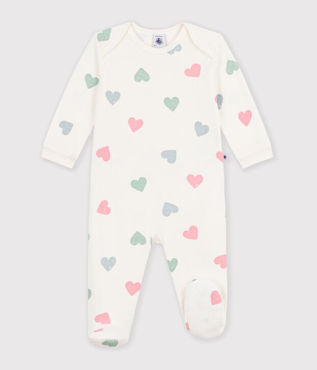 Pigiama in spugna di cotone con apertura senza automatici e stampa a cuori neonata ecru/multicolore