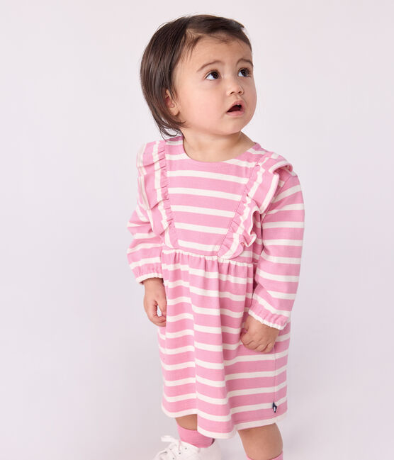 Abito a maniche lunghe in cotone a righe neonata rosa BOUDOIR/ MILK