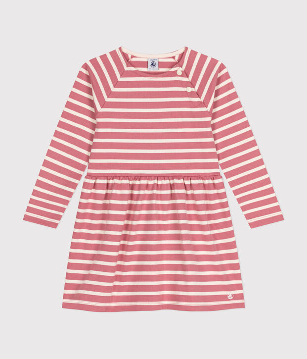 Abito a maniche lunghe in cotone spesso bambina rosa/ecru
