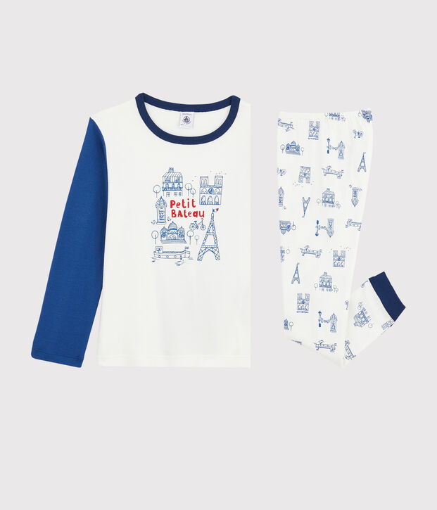 Pigiama motivo Parigi bambino a costine bianco/blu/multicolore