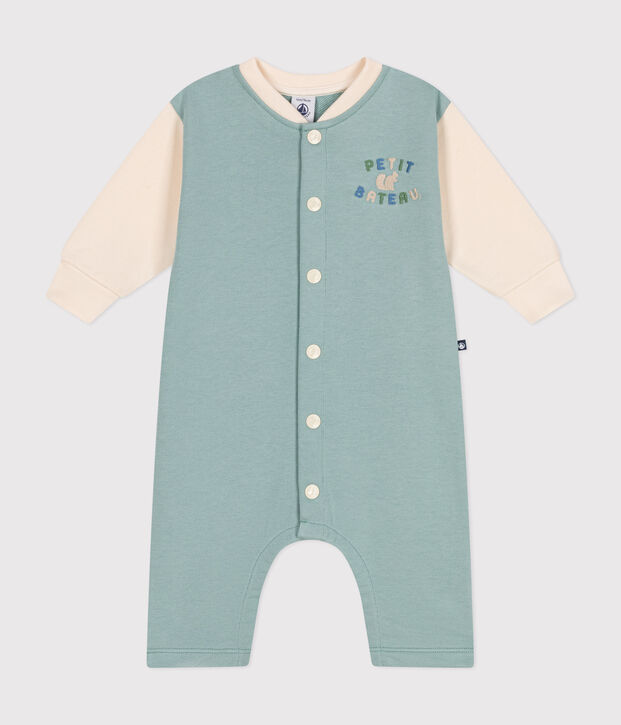 Tutina lunga in tessuto felpato neonato verde/ecru