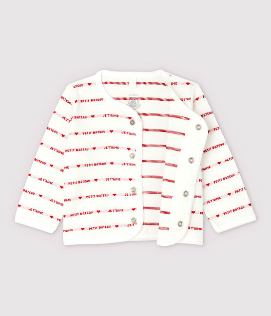 Cardigan "Petit Bateau Je t'aime" bebè in jacquard di cotone biologico bianco MARSHMALLOW/rosso TERKUIT
