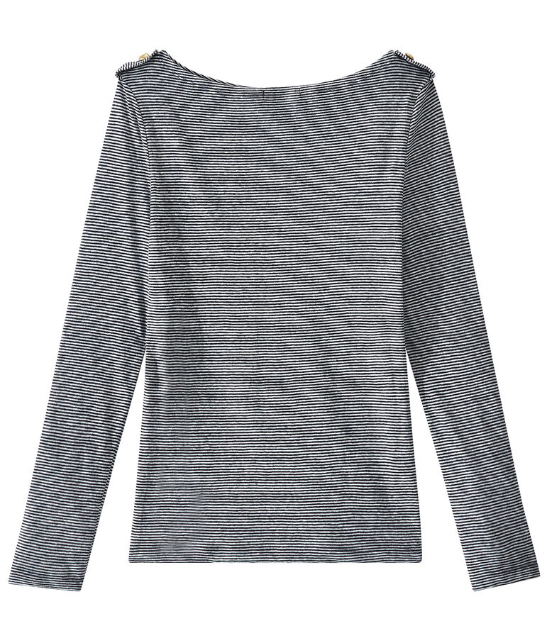 T-shirt donna a maniche lunghe in lino a righe blu SMOKING/bianco LAIT