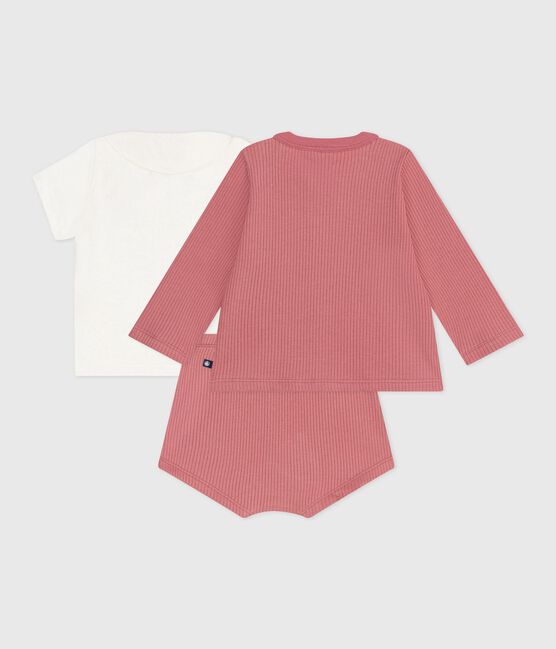 Completo nascita tre pezzi in cotone e T-shirt con scollo ricamato. rosa ROSEWOOD/ MULTICO