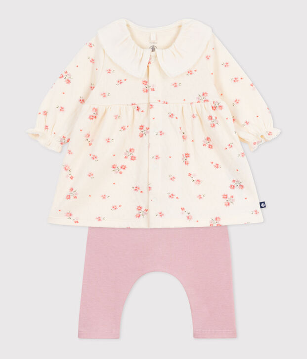 Abito con colletto e stampa a fiori, leggings in cotone neonato ecru/multicolore