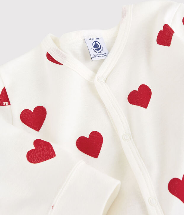 Tutina in cotone senza piedini per neonato con stampa a cuori bianco/rosso