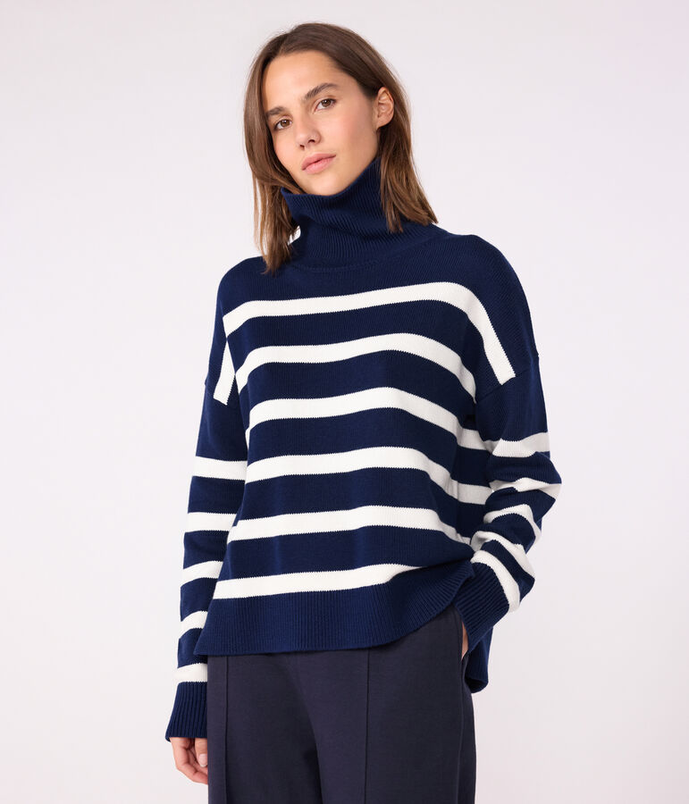 Maglione a collo alto in misto lana e cotone a righe donna blu/bianco