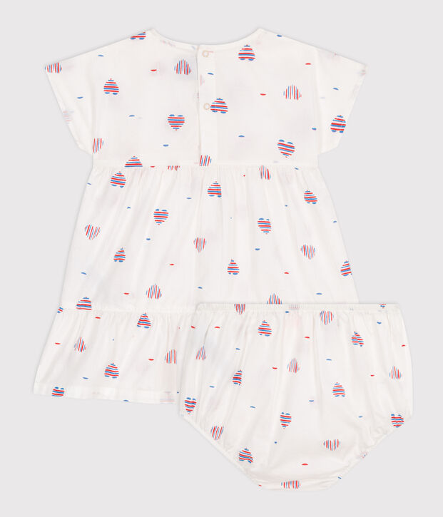 Abito neonata a maniche corte in cotone e bloomer con stampa a cuori ecru/multicolore