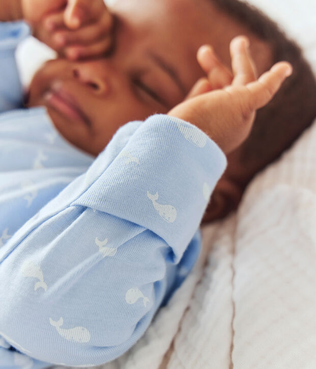 Pigiama neonato in cotone con colletto stampato con balena blu/bianco