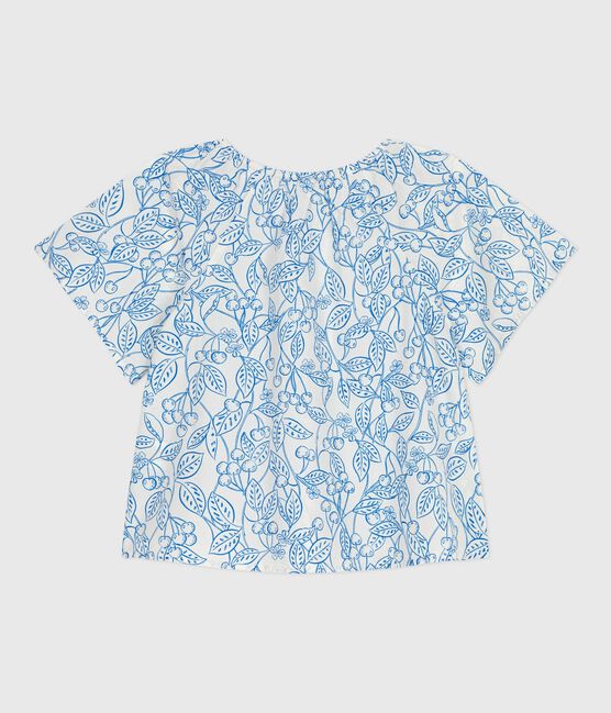 Blusa bambina a maniche corte in cotone con ciliegie stampate blu MARSHMALLOW/ PORCELANA