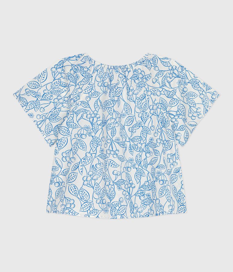 Blusa bambina a maniche corte in cotone con ciliegie stampate bianco/blu