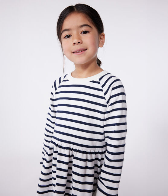 Abito a maniche lunghe in cotone a righe bambina bianco MARSHMALLOW/blu SMOKING