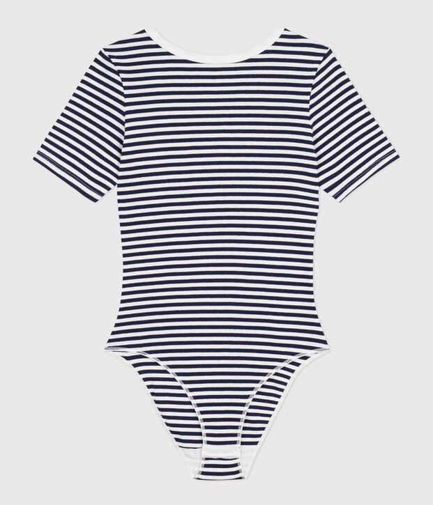 Body a maniche corte donna in cotone a righe blu/bianco