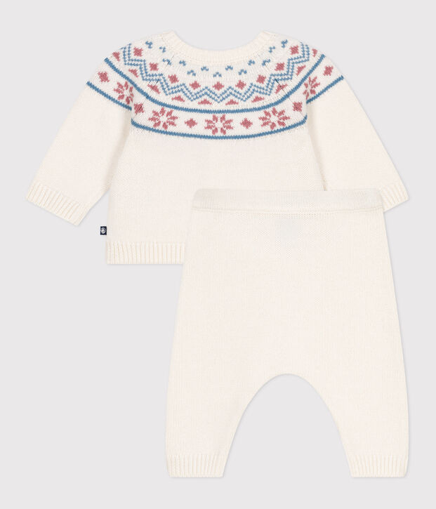 Completo 2 pezzi con cardigan in maglia jacquard neonato bianco/rosa