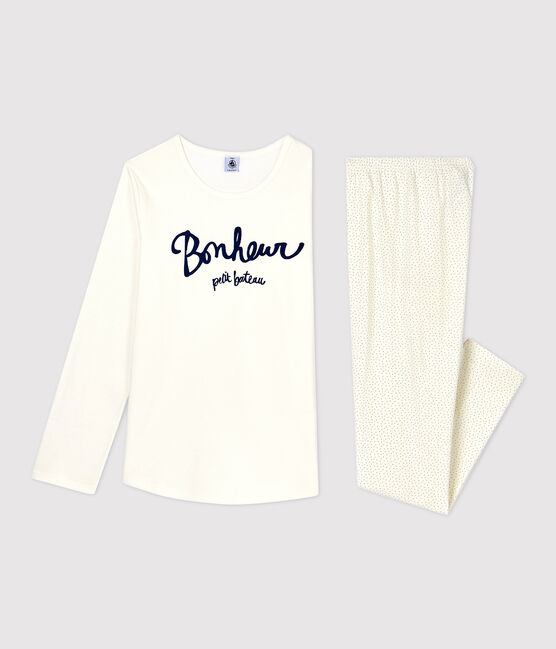 Pigiama ragazza a pois in cotone biologico bianco MARSHMALLOW/blu MEDIEVAL