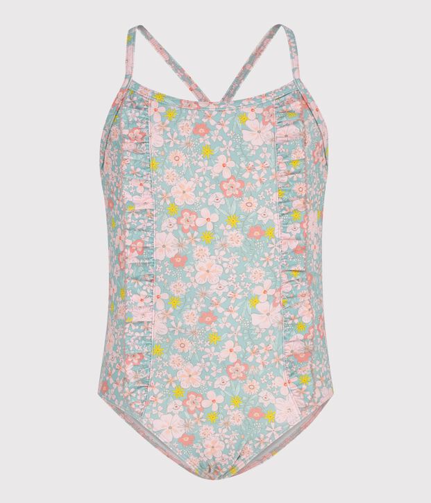 Costume da bagno intero a fiori bambina blu/multicolore