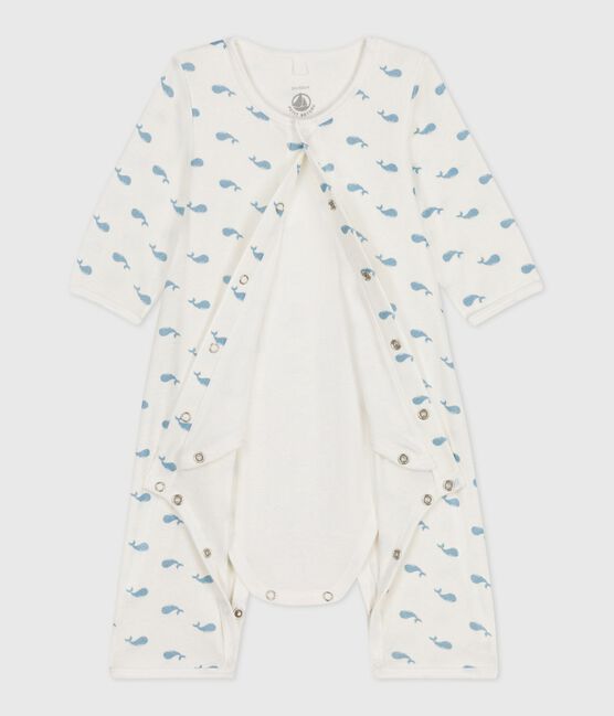 Bodyjama senza piedini in cotone con balene stampate neonato MARSHMALLOW/ ADRIATIC