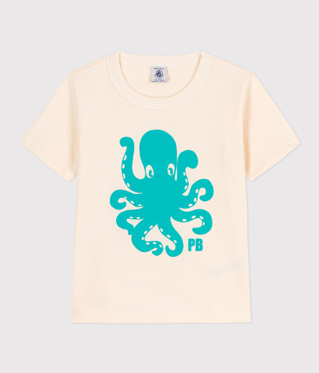 T-shirt bambino a maniche corte con floccaggio ecru