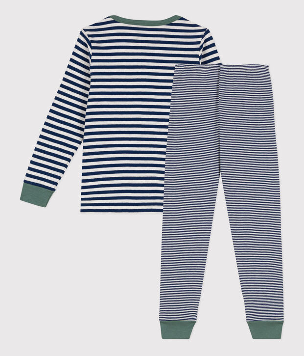Pigiama millerighe bambina/bambino in tubique blu/beige