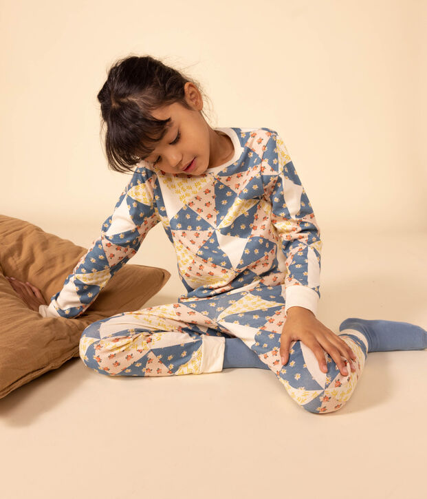 Pigiama patchwork bambina in cotone ecru/multicolore