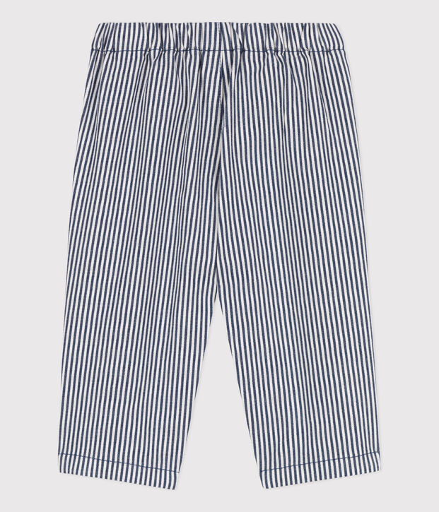 Pantaloni beb&egrave; in tela a righe. blu/bianco