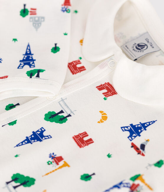 Pigiama bebè senza piedi in cotone stampato Parigi bianco MARSHMALLOW/bianco MULTICO