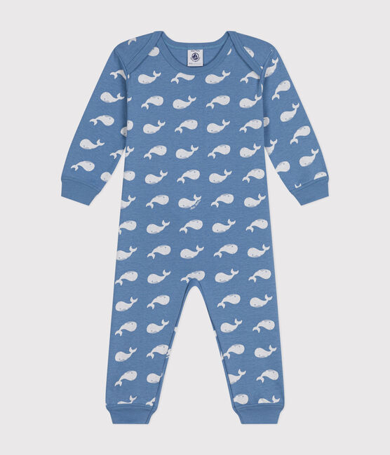 Pigiama bebè senza piedi in cotone stampato con balena blu BEACH/ MARSHMALLOW