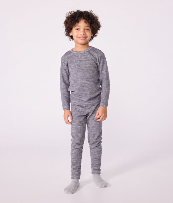 T-shirt a maniche lunghe in misto lana e cotone a righe bambino blu SOIR/ MARSHMALLOW