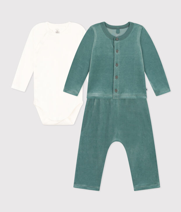 Completo in velluto e body per beb&egrave; verde