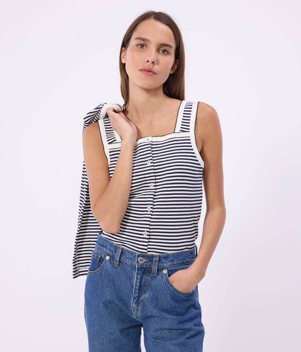 Canotta in cotone a righe donna blu/bianco