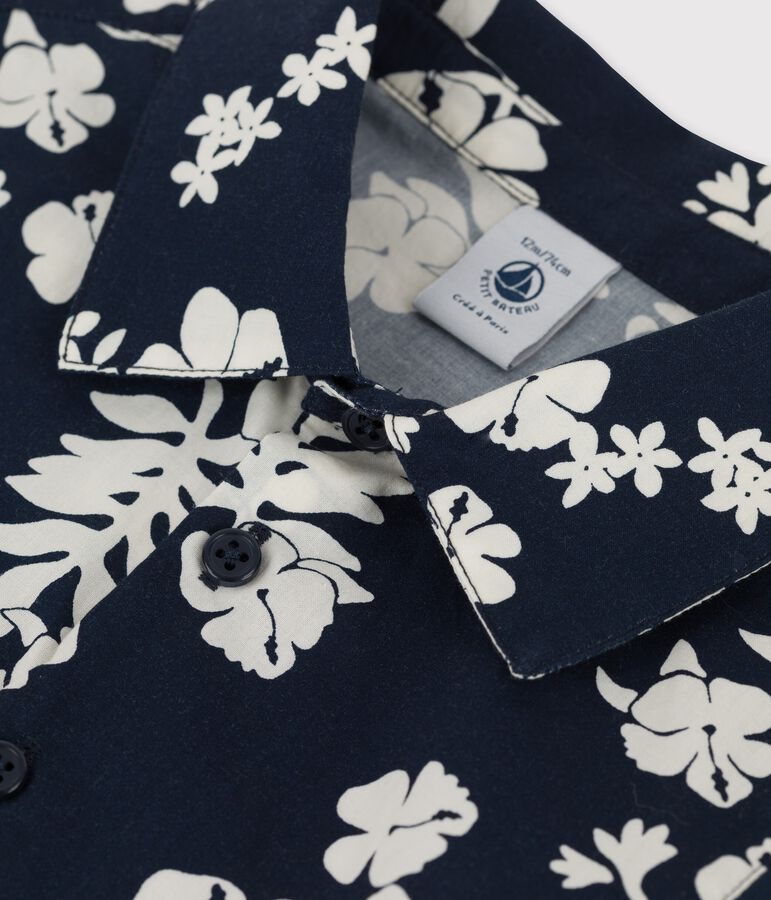 Camicia manica corta beb&egrave; in popeline con fantasia hawaiana blu/bianco