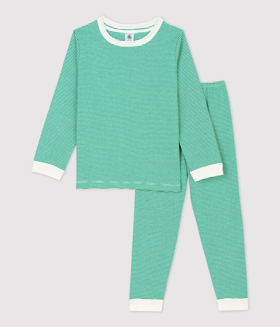 Pigiama bambina/bambino millerighe verde in cotone biologico verde PIVERT/bianco MARSHMALLOW