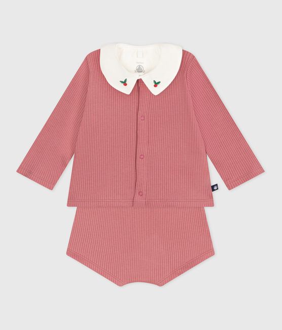 Completo nascita tre pezzi in cotone e T-shirt con scollo ricamato. rosa ROSEWOOD/ MULTICO