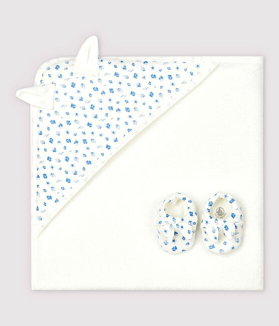Cofanetto telo da bagno quadrato e babbucce neonato in spugna e cotone biologico bianco MARSHMALLOW/blu COOL
