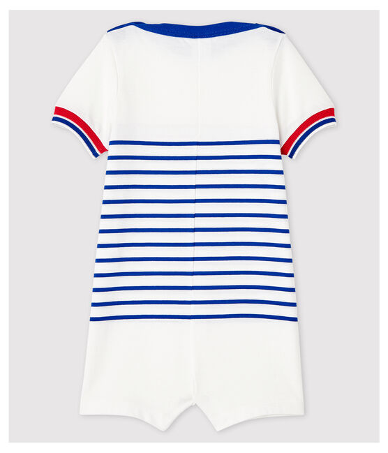 Tutina corta in jersey a righe bebè maschio bianco MARSHMALLOW/blu SURF