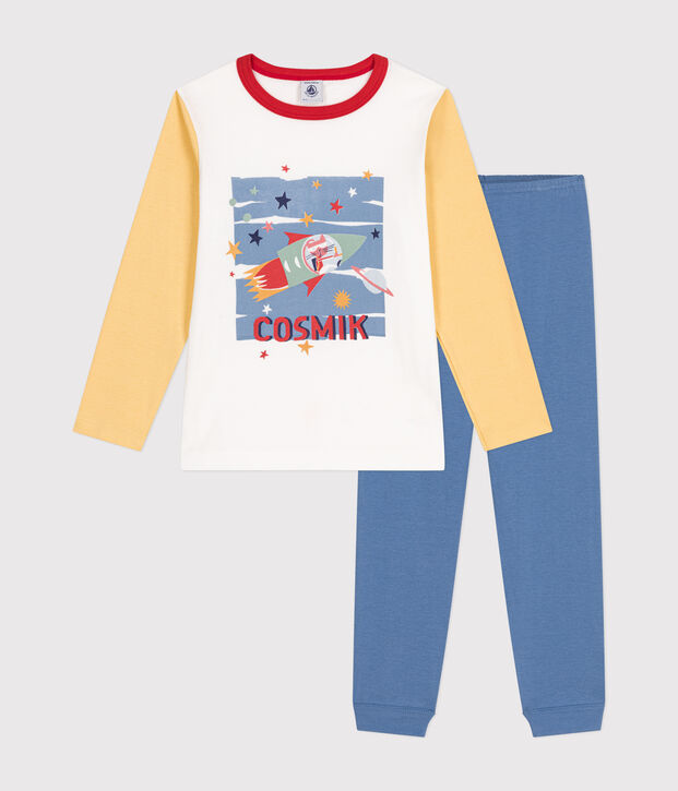 Pigiama bambino in cotone tinta unita con motivo spazio blu/multicolore