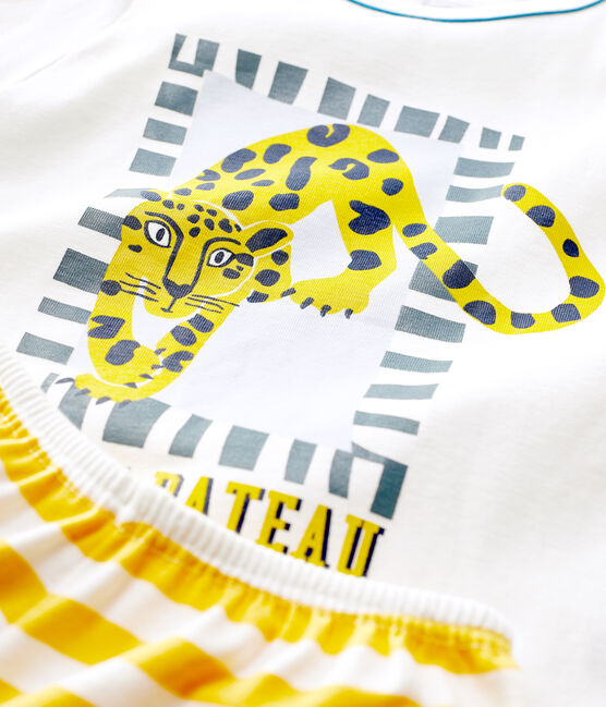 Pigiama corto bambino fantasia pantera in cotone bianco MARSHMALLOW/giallo OCRE