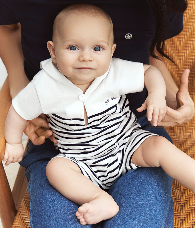 Tutina corta in cotone a righe con collo alla marinara neonato blu/blu